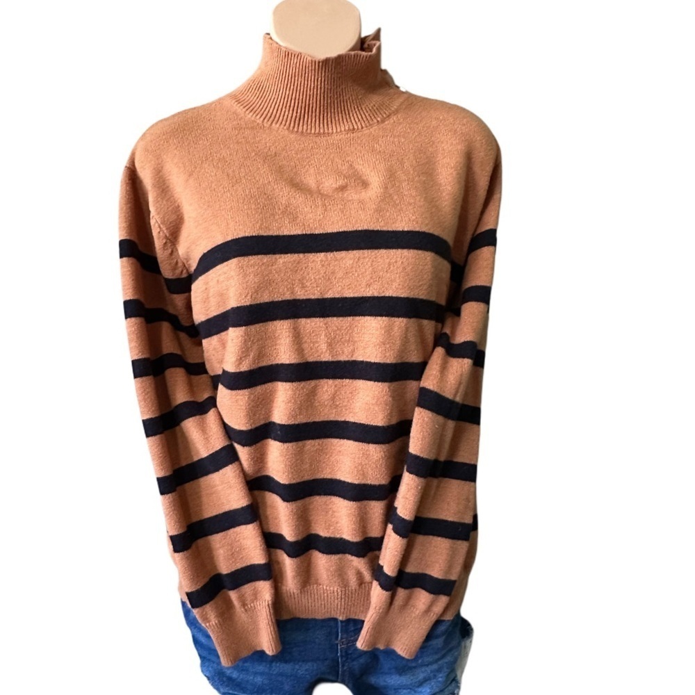 Orange and Black Striped Turtle Neck Long Sleeve Thick Sweater w/ Silver Buttons